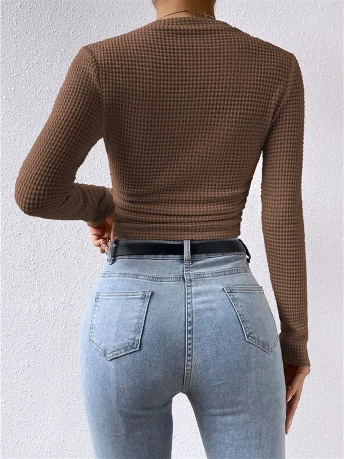 Olivia | Waffle Knit Cropped Top with Long Sleeves and Crew Neck for Women