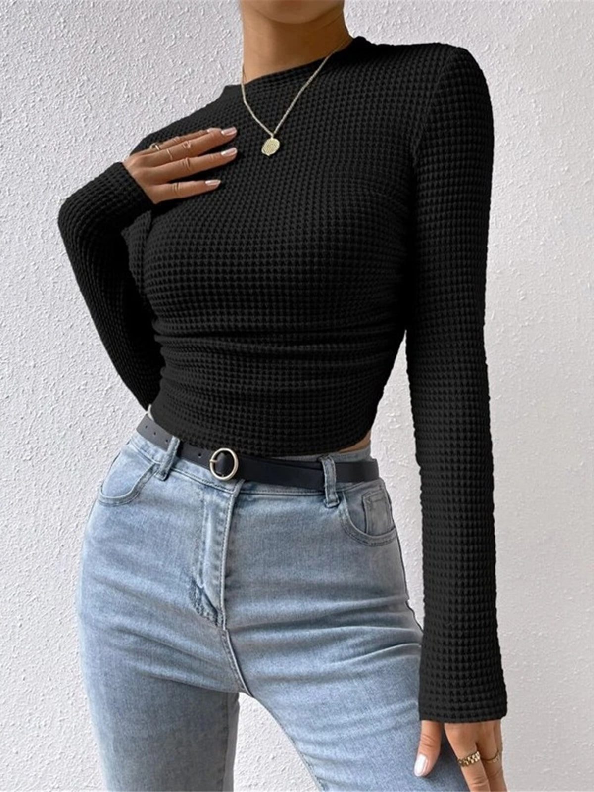 Olivia | Waffle Knit Cropped Top with Long Sleeves and Crew Neck for Women