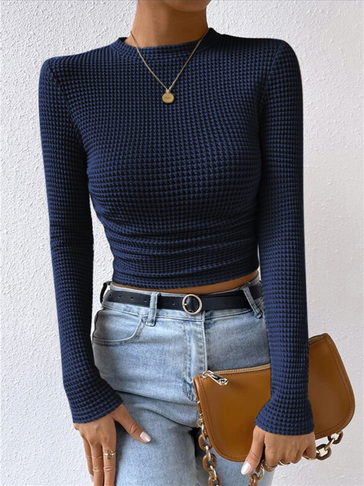 Olivia | Waffle Knit Cropped Top with Long Sleeves and Crew Neck for Women