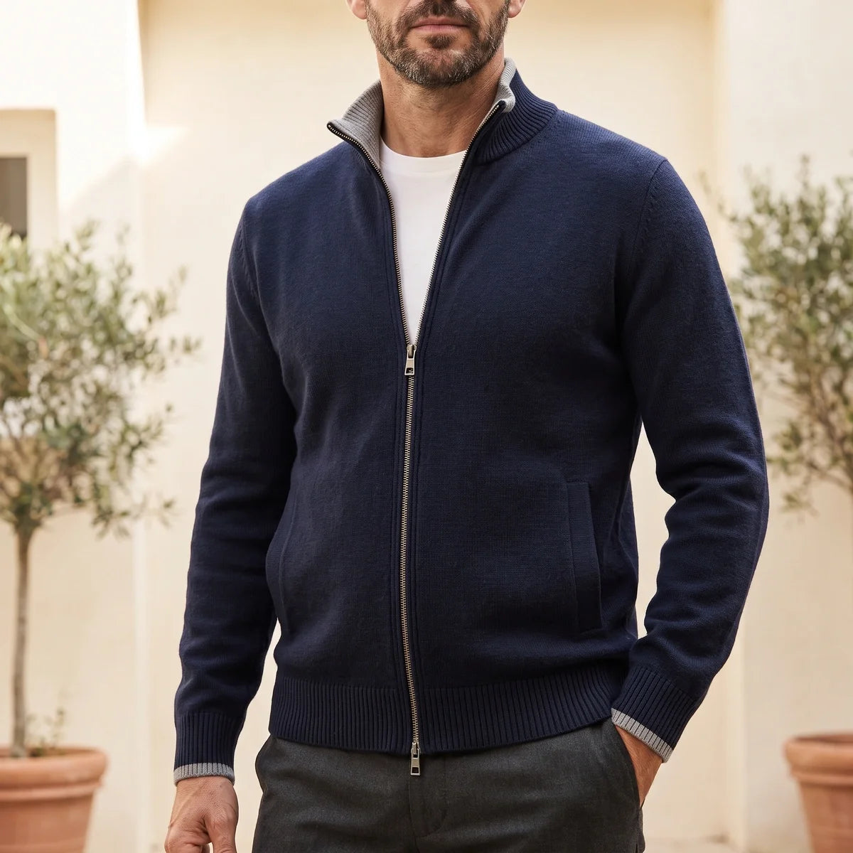 Olivier Wool Blend Full Zip Stand Collar Cardigan
