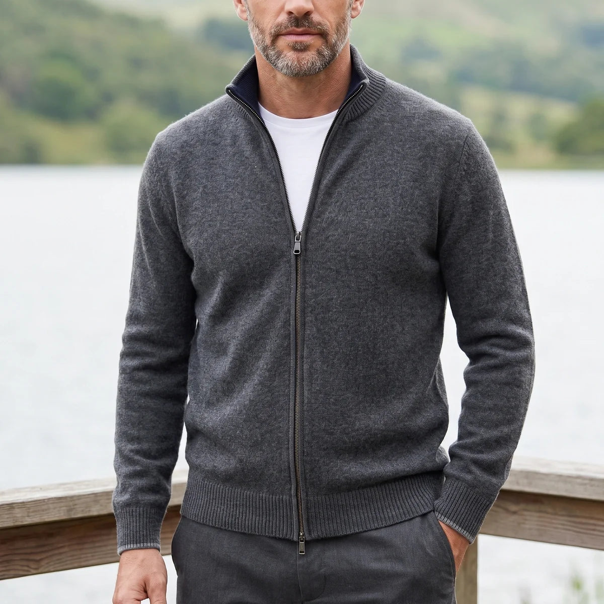 Olivier Wool Blend Full Zip Stand Collar Cardigan