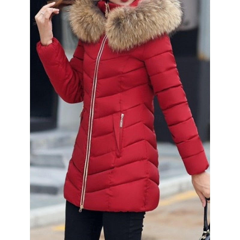 Women's Parka with Quilted Panels and Hood | Zip Closure, Pockets | For Winter | Size M-3XL | Wine Red, Red, Army Green, Black