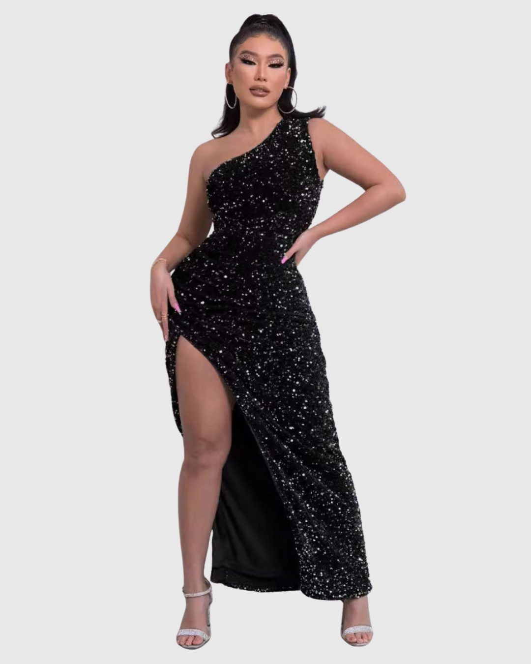 Dominique | Sequin One-Shoulder Maxi Dress with Thigh Split for Women