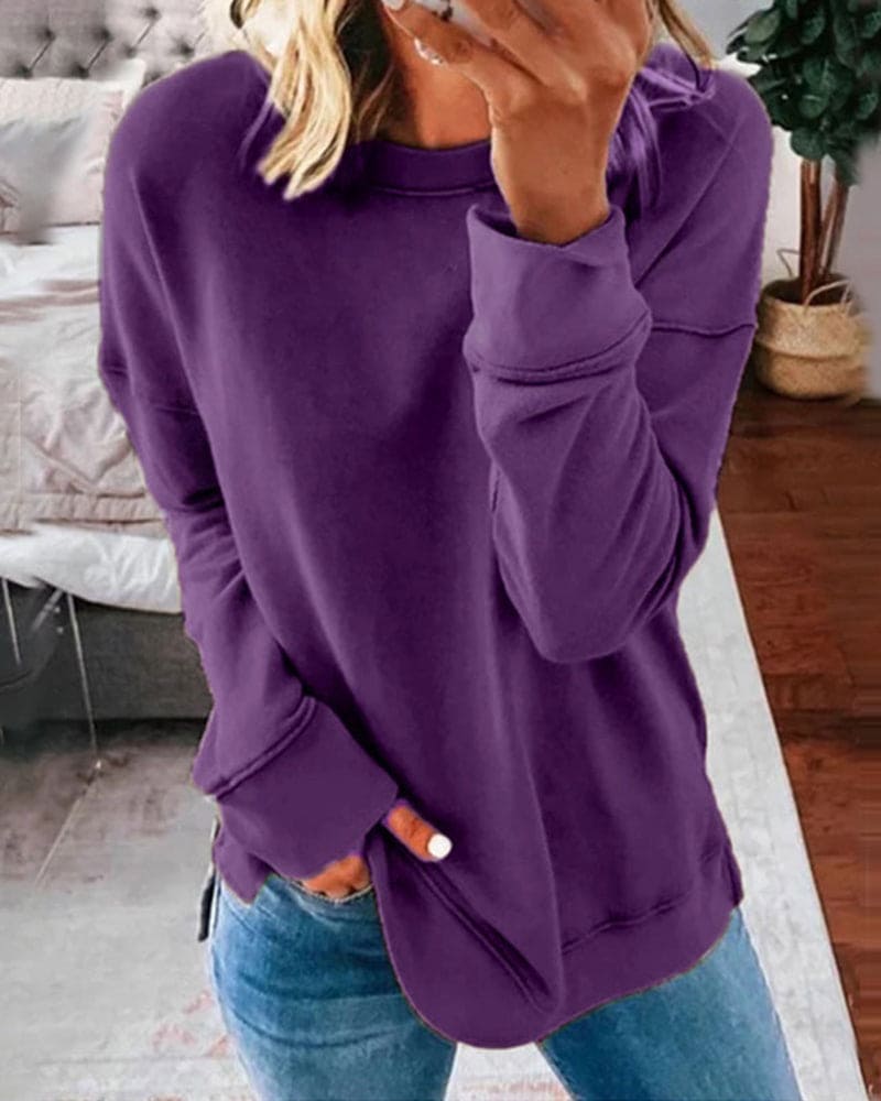 Women's Crew Neck Sweatshirt with Brushed Lining | Side Slits, Long Sleeves and Relaxed Fit | Size S-5XL, 11 Colors