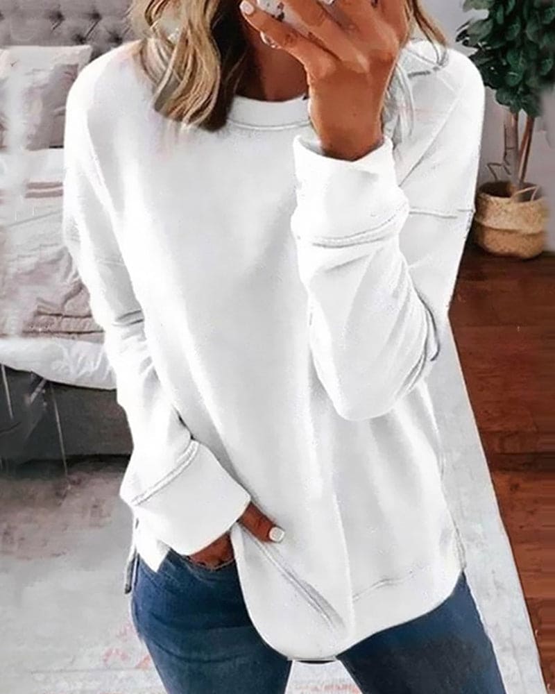 Women's Crew Neck Sweatshirt with Brushed Lining | Side Slits, Long Sleeves and Relaxed Fit | Size S-5XL, 11 Colors