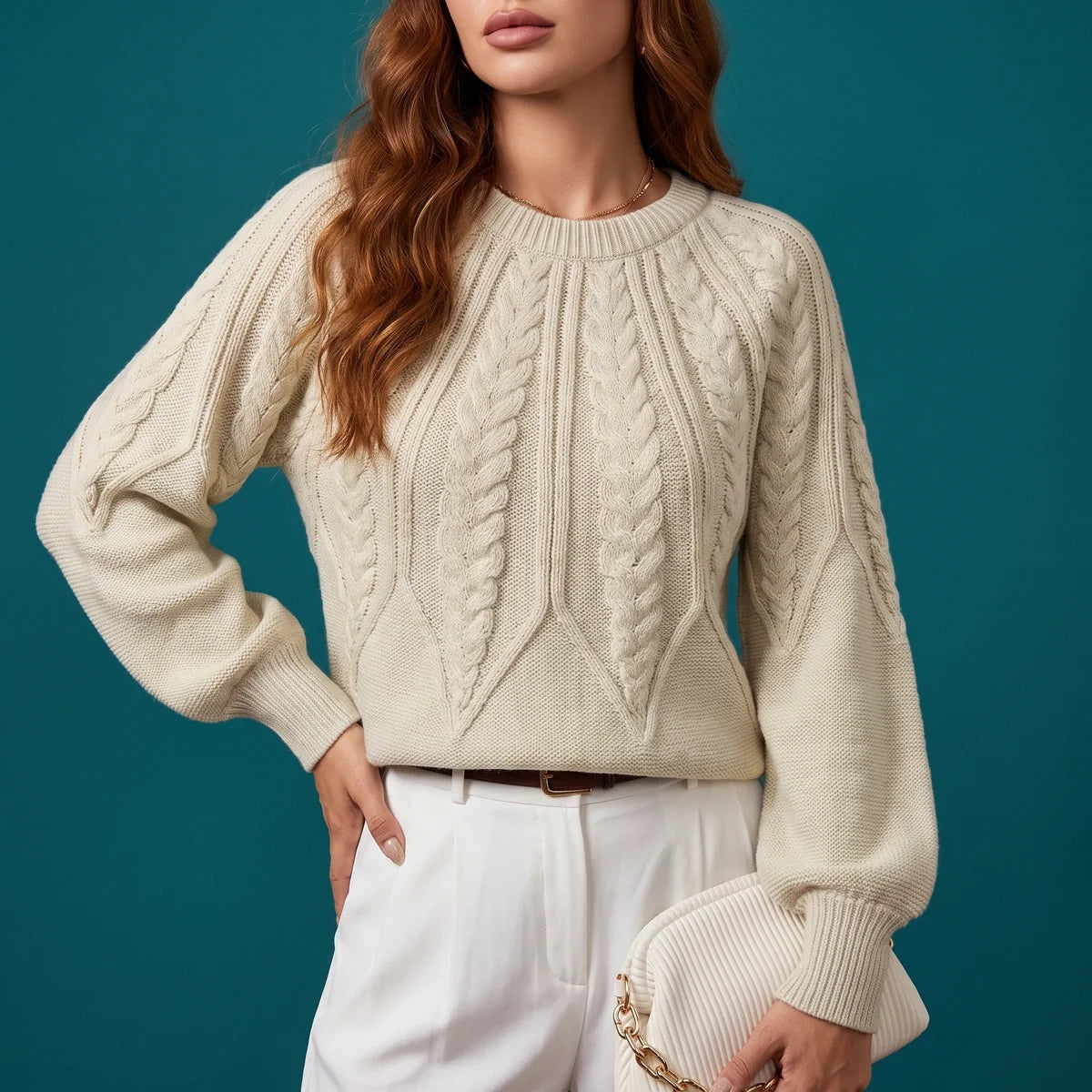 Ophelia Cable Knit Balloon Sleeve Sweater