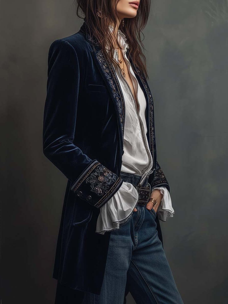 Oriana | Embroidered Velvet Long Jacket for Women
