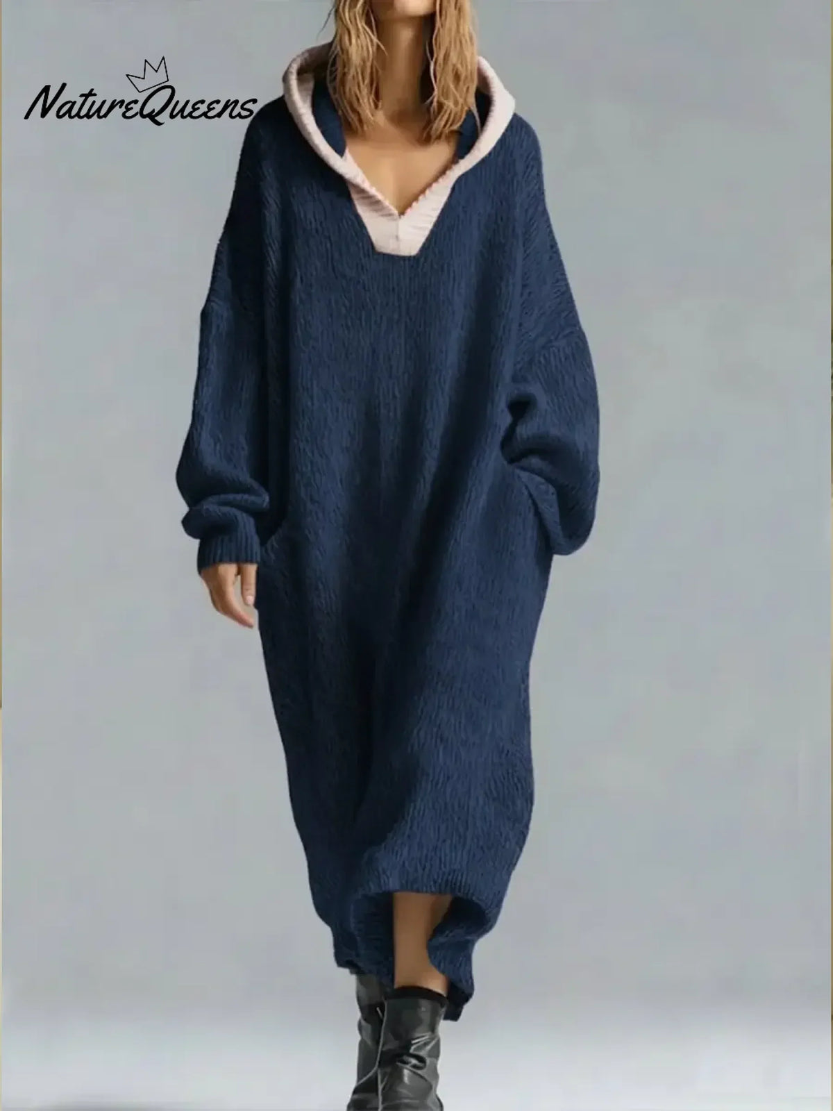 Women's Oversized Textured Hooded Maxi Sweater Dress