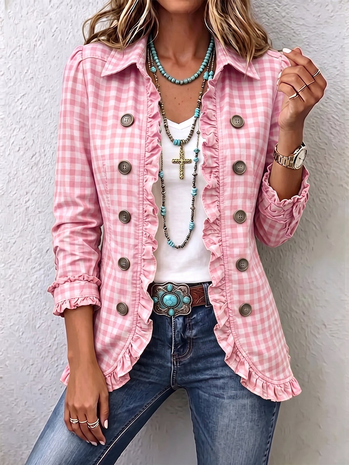 Julie | Vichy Plaid Ruffle Button Jacket™