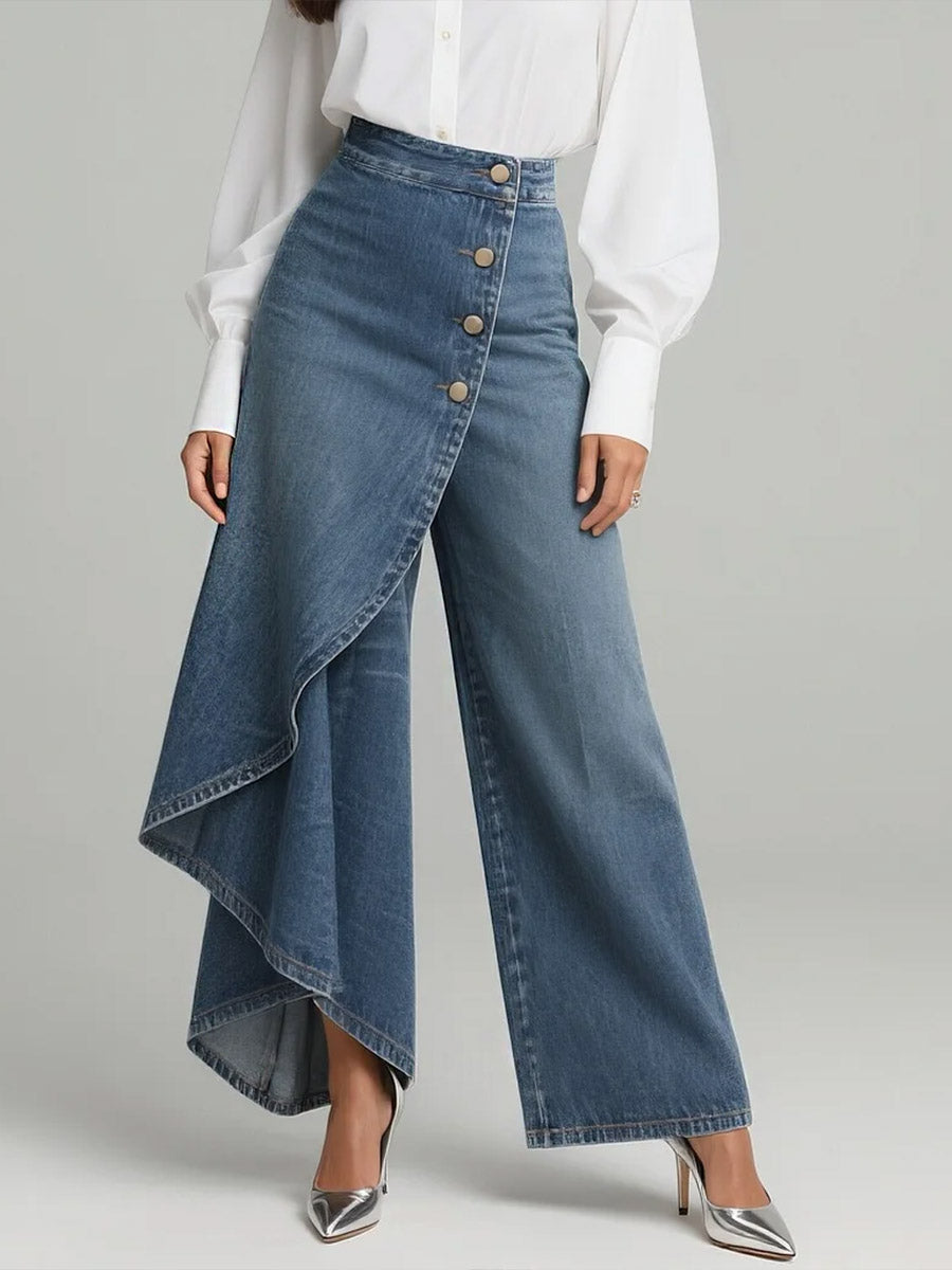 Women's Wide-Leg Jeans, High Rise, Asymmetric Button Front