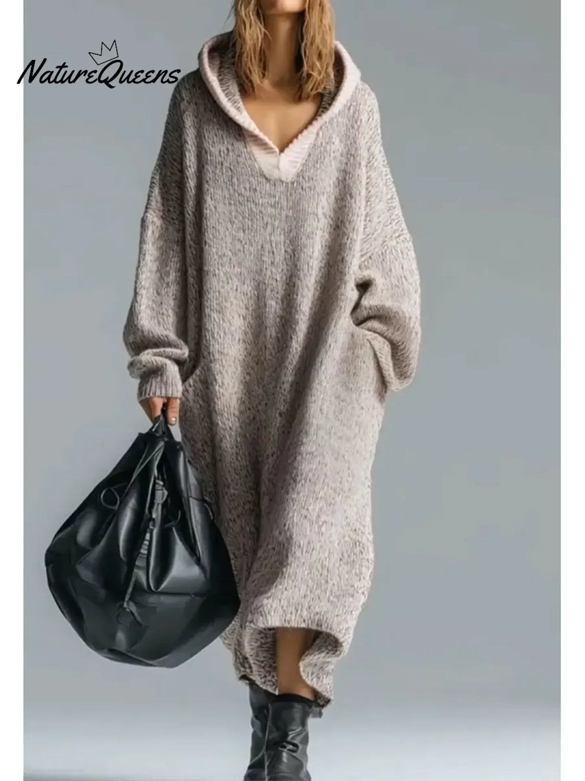 Women's Oversized Textured Hooded Maxi Sweater Dress