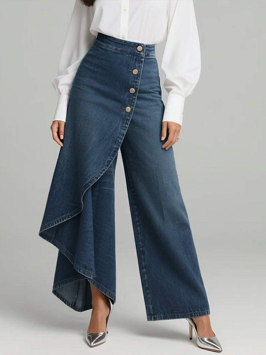 Women's Wide-Leg Jeans, High Rise, Asymmetric Button Front
