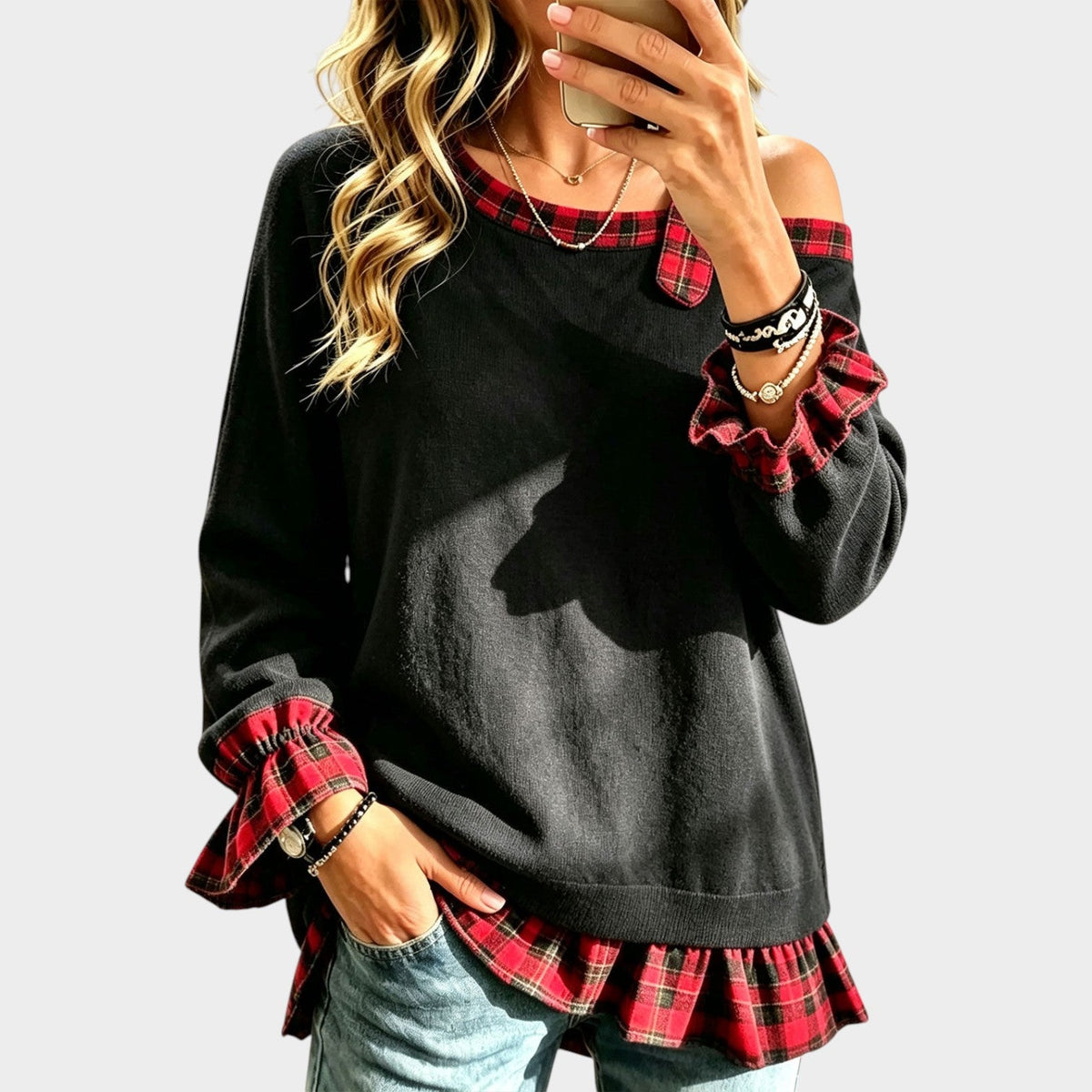 Women’s Off Shoulder Knit Top Plaid Patchwork Ruched