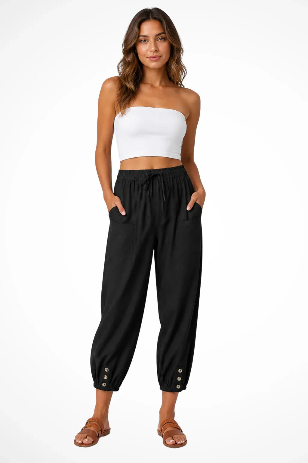 Orla | Women's Linen Drawstring Cropped Pants with Button Hem