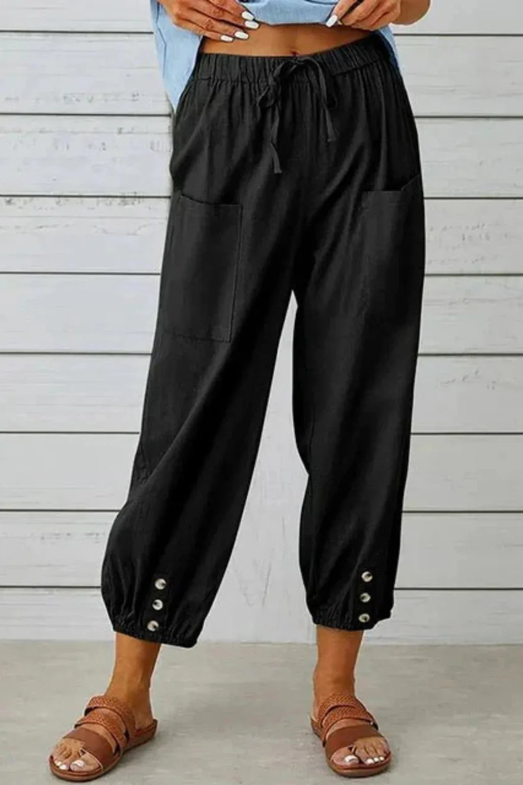 Orla | Women's Linen Drawstring Cropped Pants with Button Hem