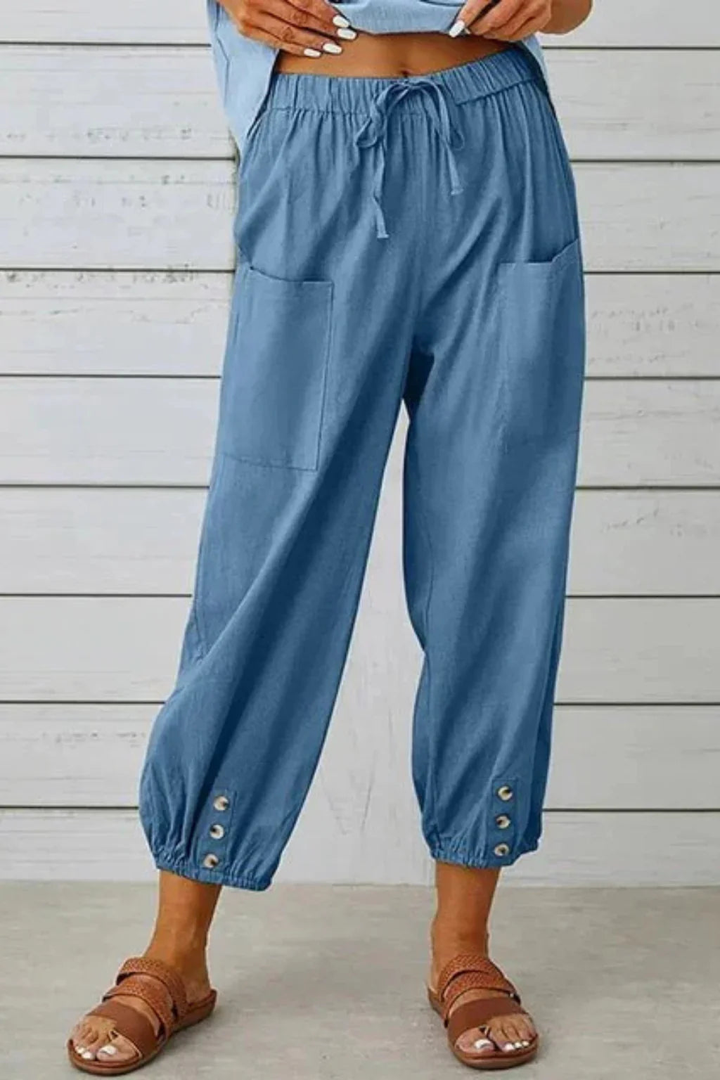 Orla | Women's Linen Drawstring Cropped Pants with Button Hem