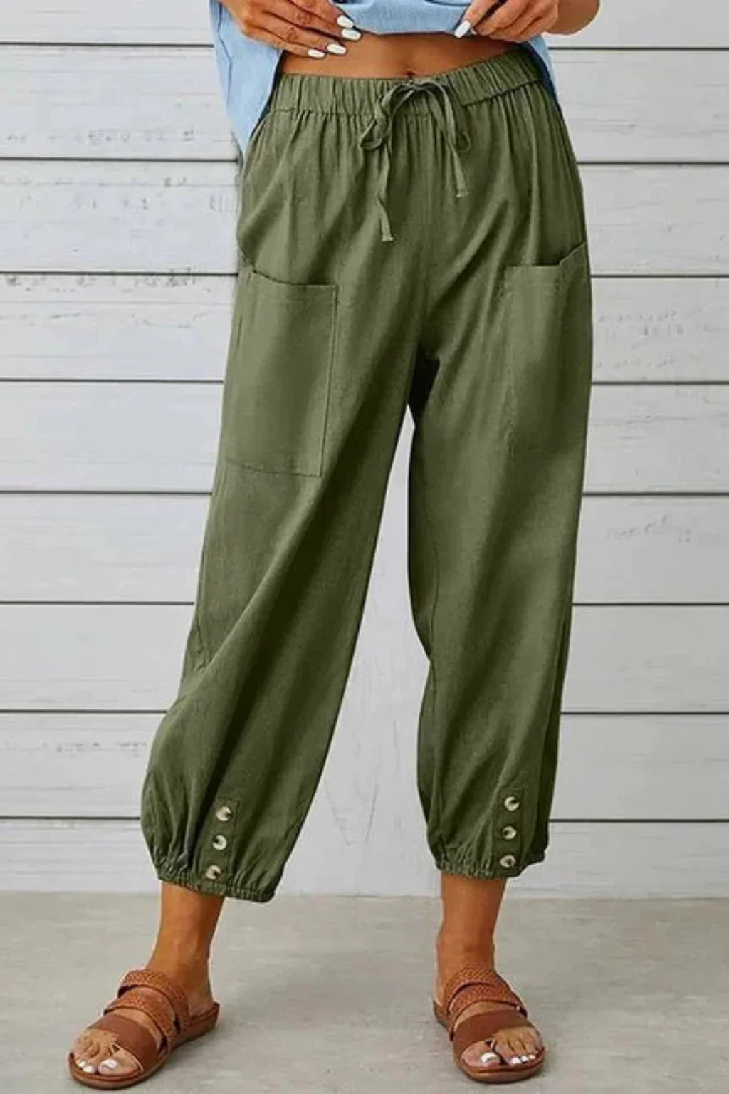 Orla | Women's Linen Drawstring Cropped Pants with Button Hem