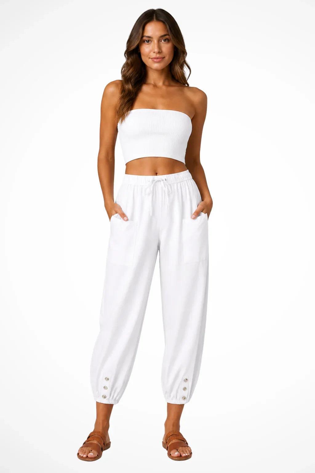 Orla | Women's Linen Drawstring Cropped Pants with Button Hem
