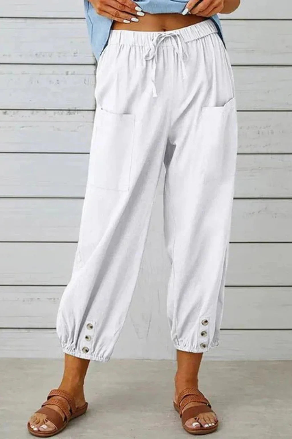 Orla | Women's Linen Drawstring Cropped Pants with Button Hem