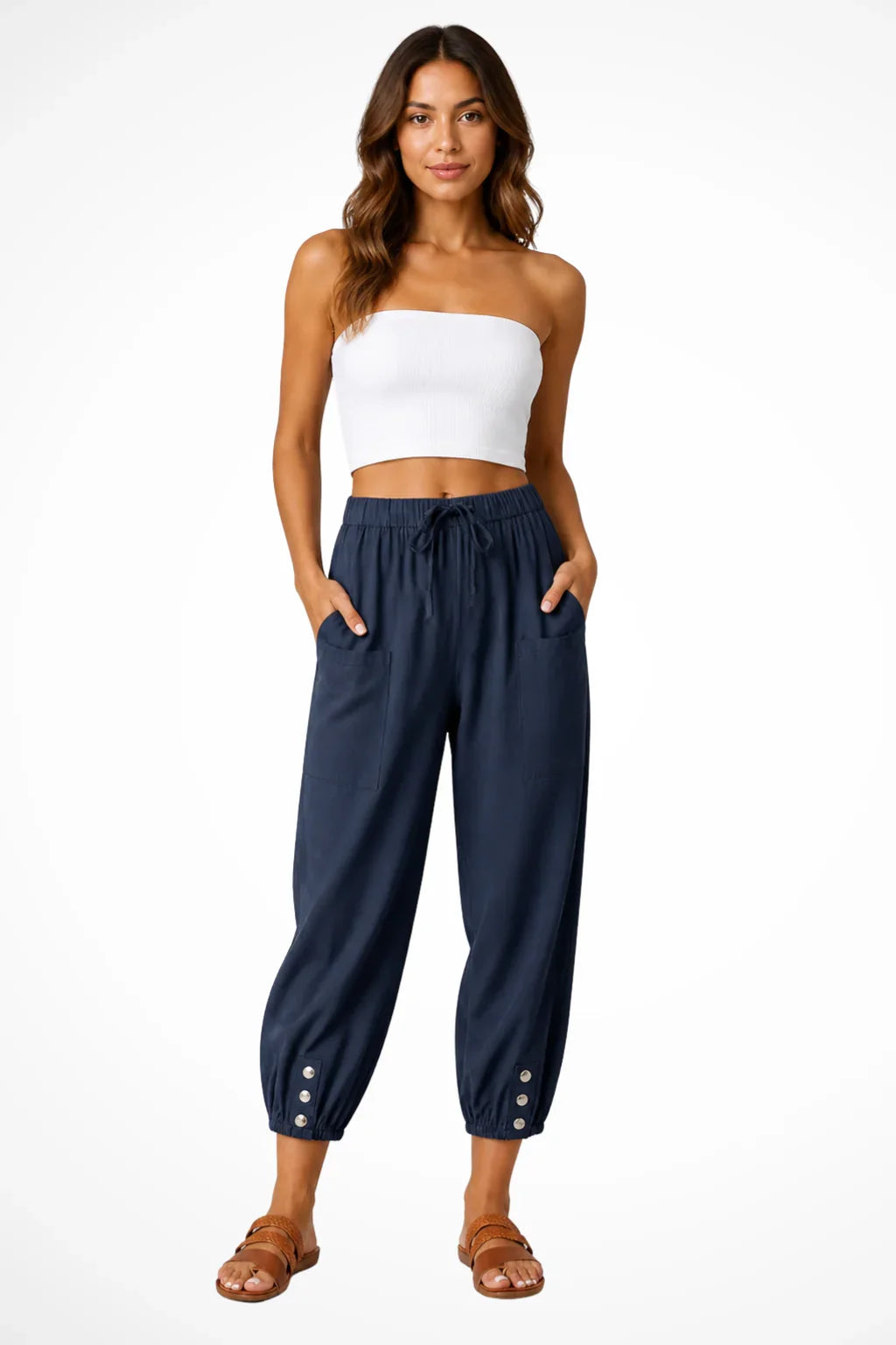Orla | Women's Linen Drawstring Cropped Pants with Button Hem
