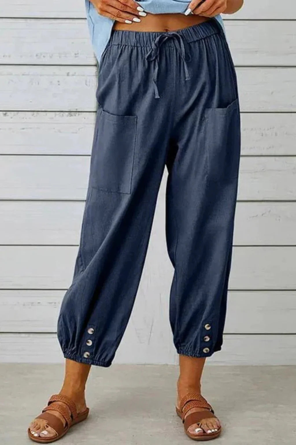 Orla | Women's Linen Drawstring Cropped Pants with Button Hem
