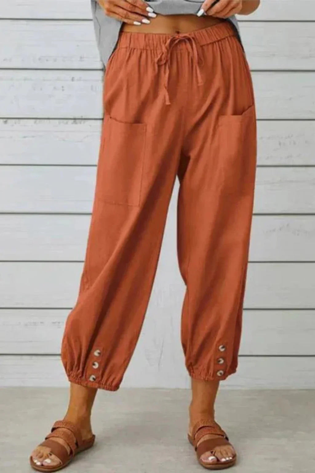 Orla | Women's Linen Drawstring Cropped Pants with Button Hem
