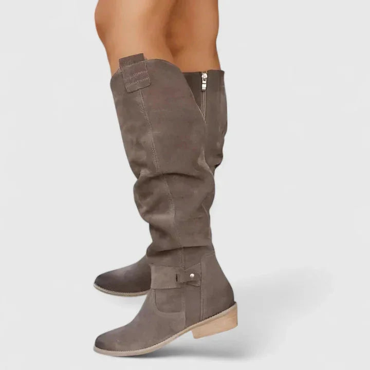 Women's suede side zip orthopedic knee high boots with buckle strap detail