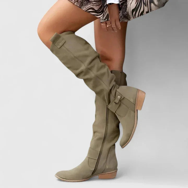 Women's suede side zip orthopedic knee high boots with buckle strap detail