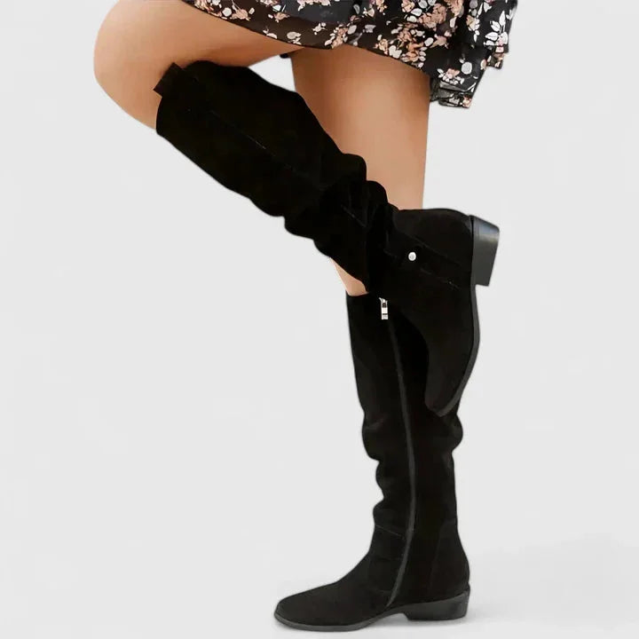 Women's suede side zip orthopedic knee high boots with buckle strap detail