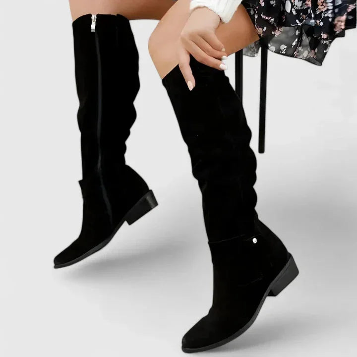 Women's suede side zip orthopedic knee high boots with buckle strap detail