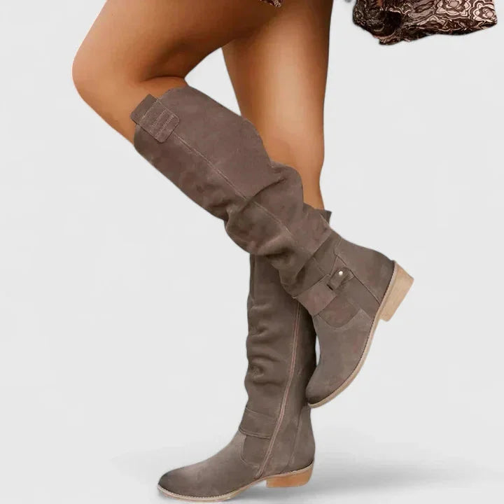 Women's suede side zip orthopedic knee high boots with buckle strap detail