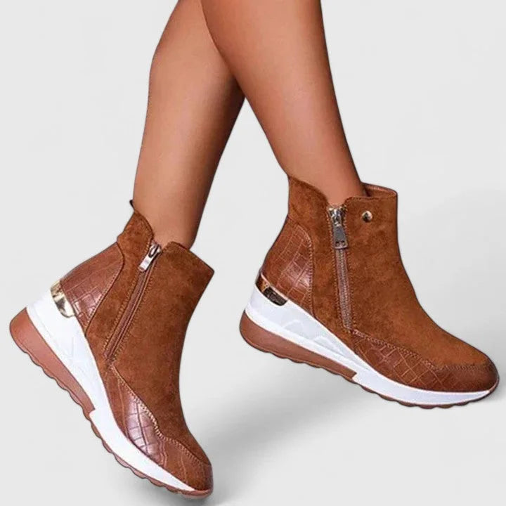 Women's suede side zip orthopedic ankle boots with textured panels
