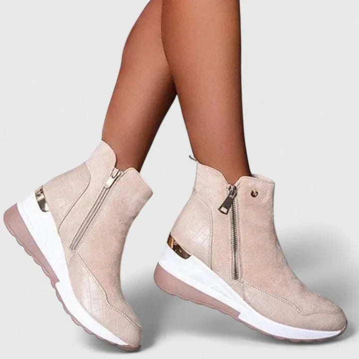 Women's suede side zip orthopedic ankle boots with textured panels