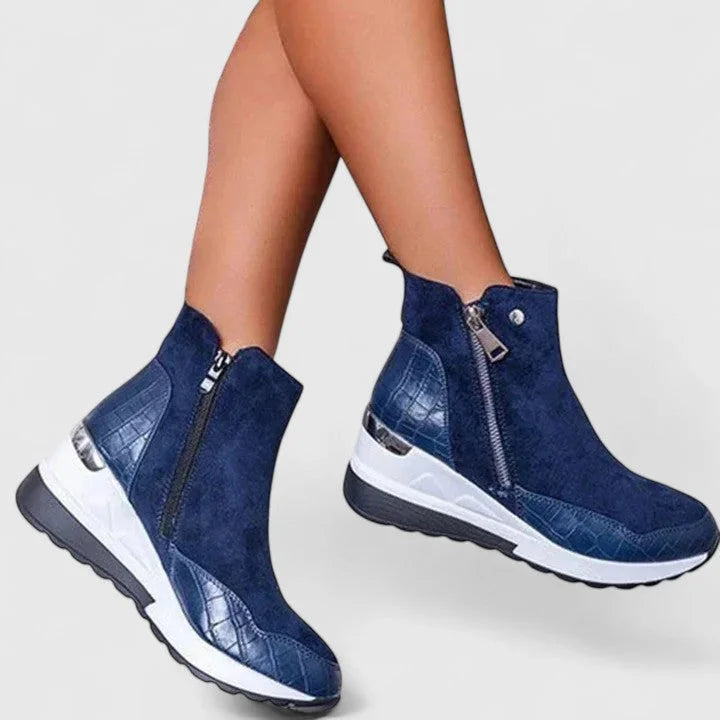Women's suede side zip orthopedic ankle boots with textured panels