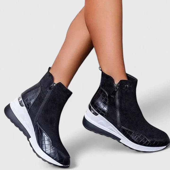Women's suede side zip orthopedic ankle boots with textured panels