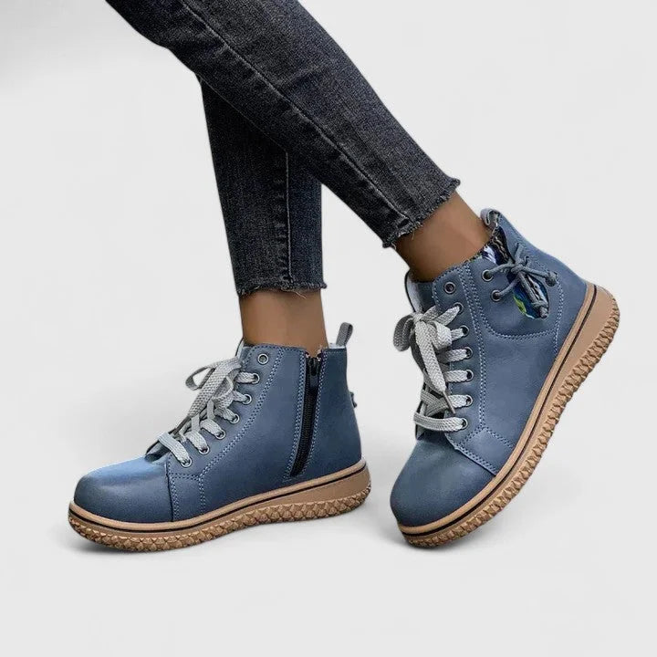 Women's faux leather lace-up orthopedic combat boots with chunky sole