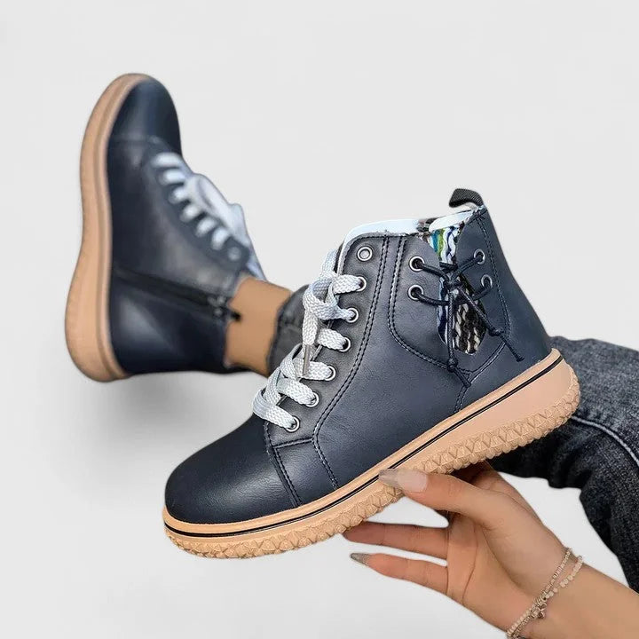 Women's faux leather lace-up orthopedic combat boots with chunky sole