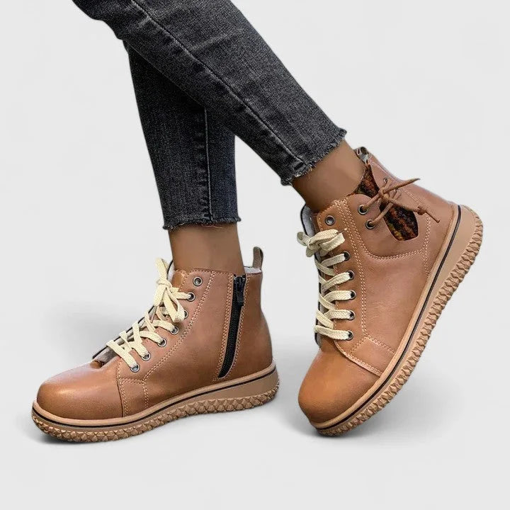 Women's faux leather lace-up orthopedic combat boots with chunky sole