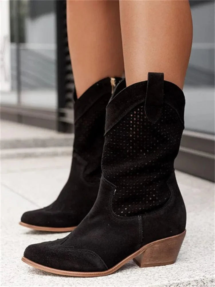 Women's suede side zip orthopedic western boots with perforated shaft