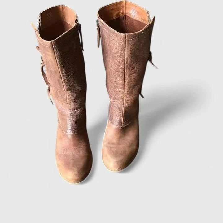 Women's suede side zip orthopedic heeled boots with decorative zippers