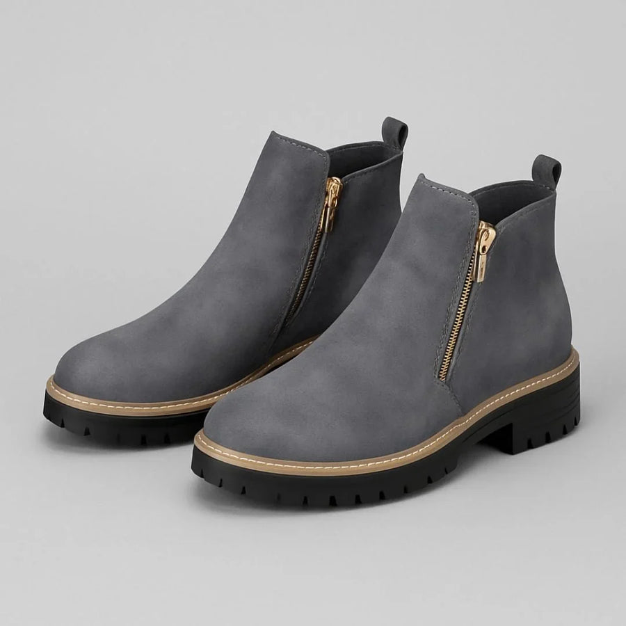 Women's suede side zip orthopedic ankle boots with block heel and gold zipper