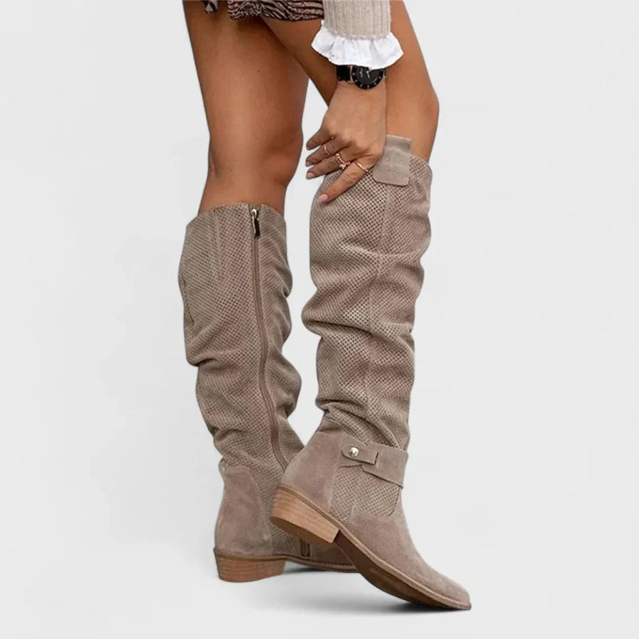Women's suede side zip orthopedic knee high boots with perforated texture