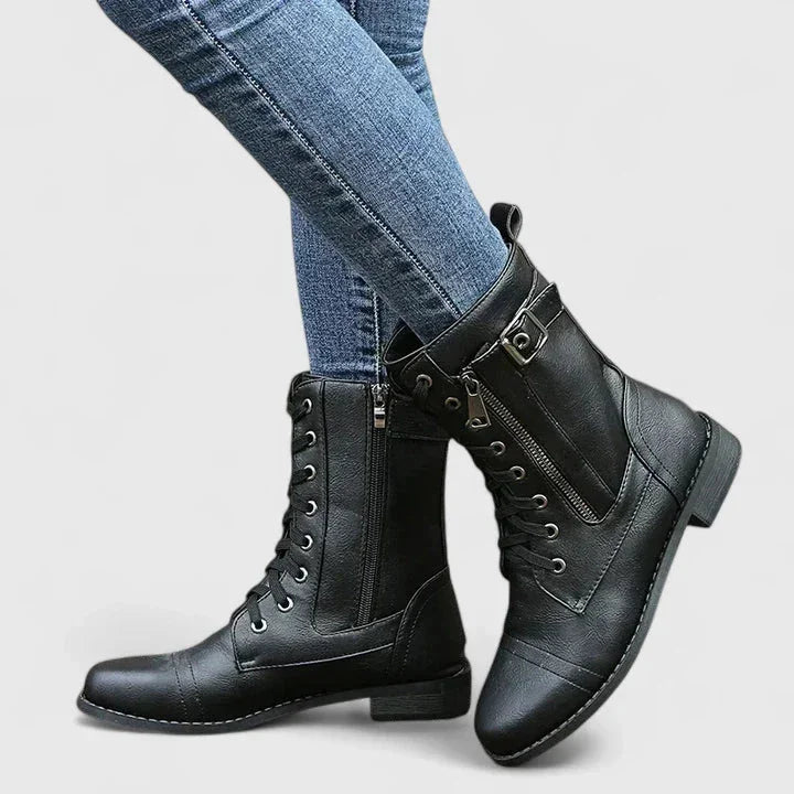 Women's faux leather lace-up orthopedic combat boots with side zip