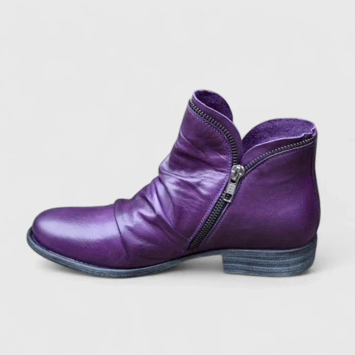Women's faux leather side zip orthopedic ankle boots with ruched upper