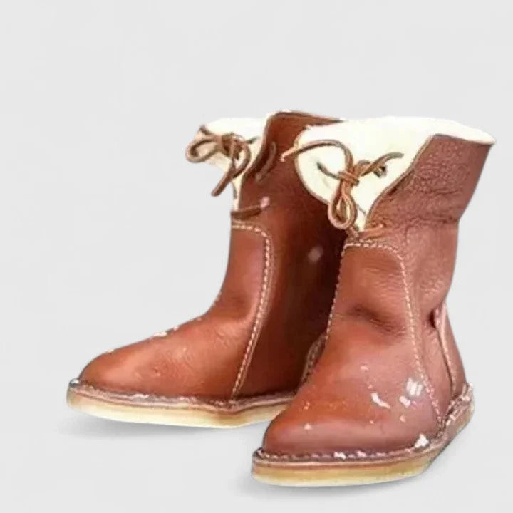 Women's faux leather lace-up orthopedic ankle boots with sherpa lining