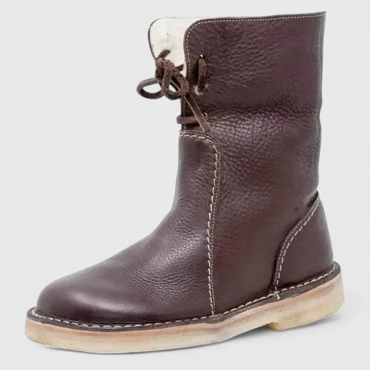 Women's faux leather lace-up orthopedic ankle boots with sherpa lining