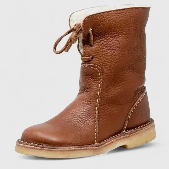 Women's faux leather lace-up orthopedic ankle boots with sherpa lining