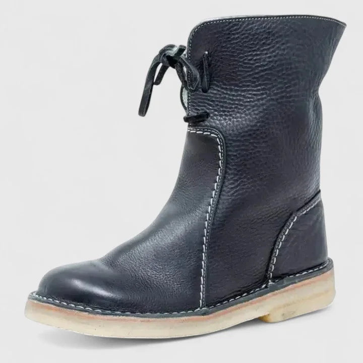 Women's faux leather lace-up orthopedic ankle boots with sherpa lining