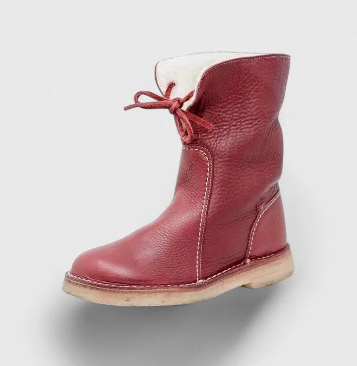 Women's faux leather lace-up orthopedic ankle boots with sherpa lining