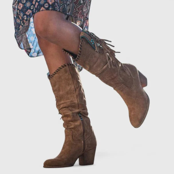 Women's suede side zip orthopedic knee high boots with fringe